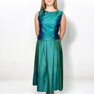 Vintage 60s Star Of Siam Top & Skirt Set Handwoven Metallic Silk Teal Small 4-6